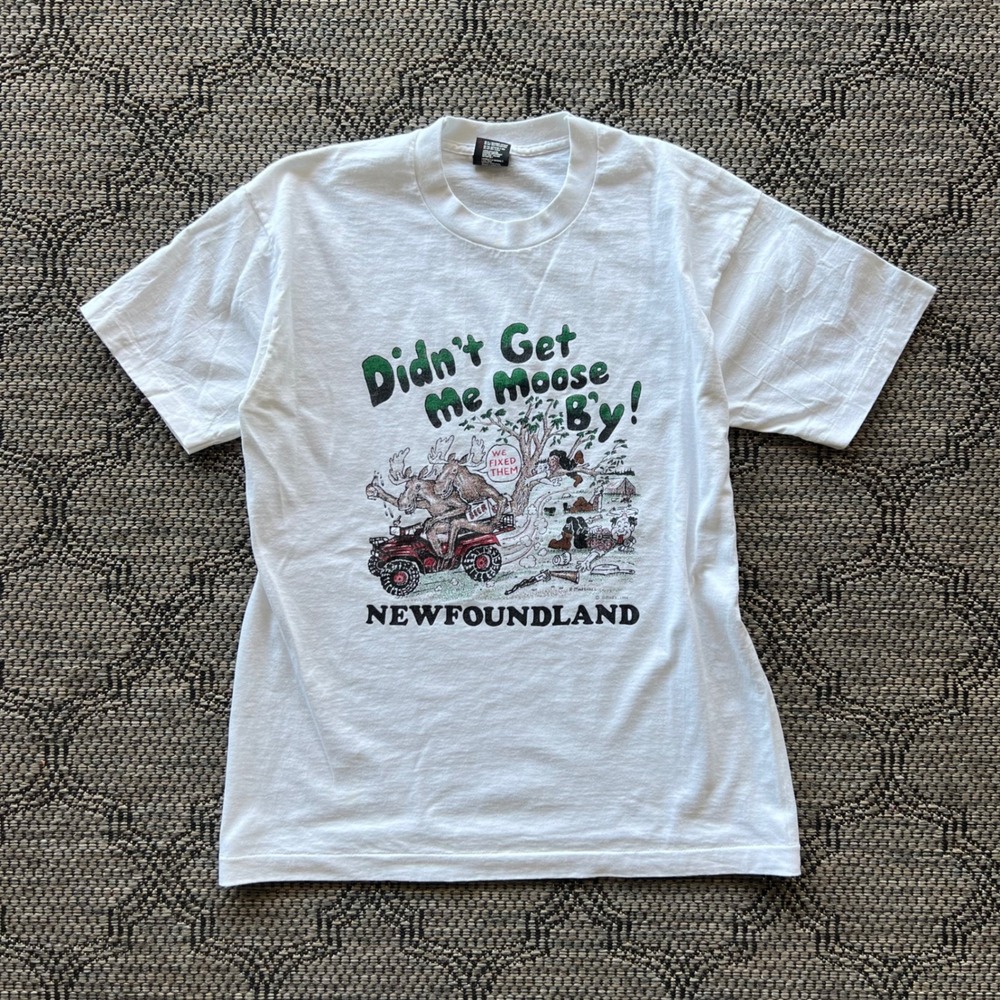 Vintage Newfoundland‎ T-Shirt Mens Large White Moose Humour Beer Outdoors Party